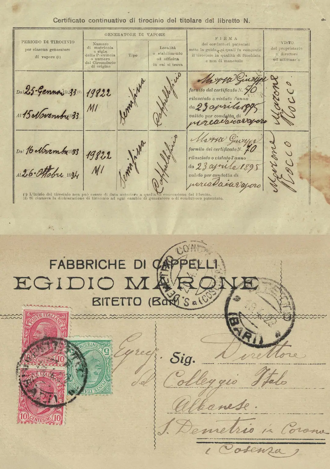 Historic certificate of Fabbriche di Cappelli Egidio Marone