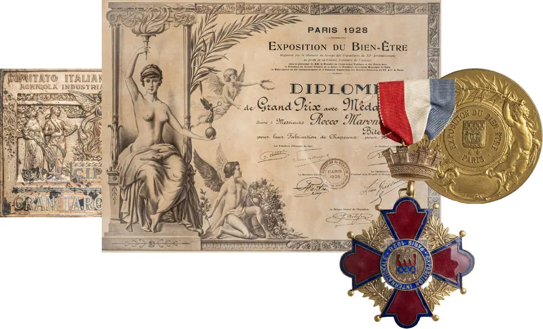Grand Prix diploma, Paris 1928, and medals awarded to Rocco Marone